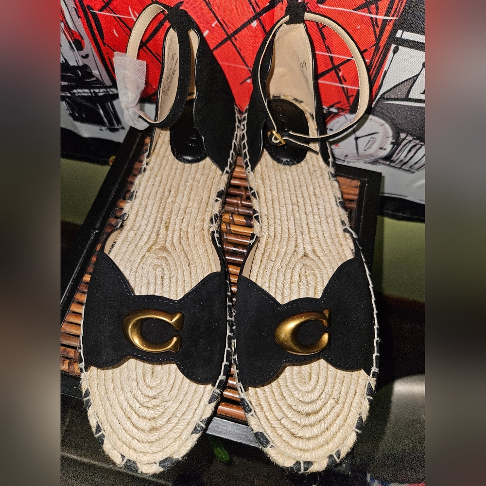 NWOT Coach Black and Gold Espadrille Sandals